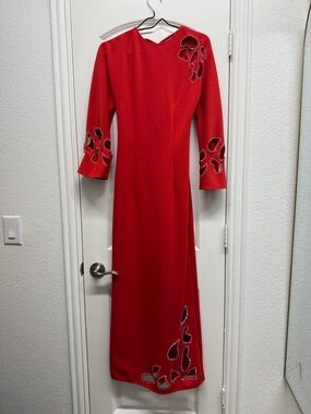 Red Long-Sleeve Embellished Maxi Dress
